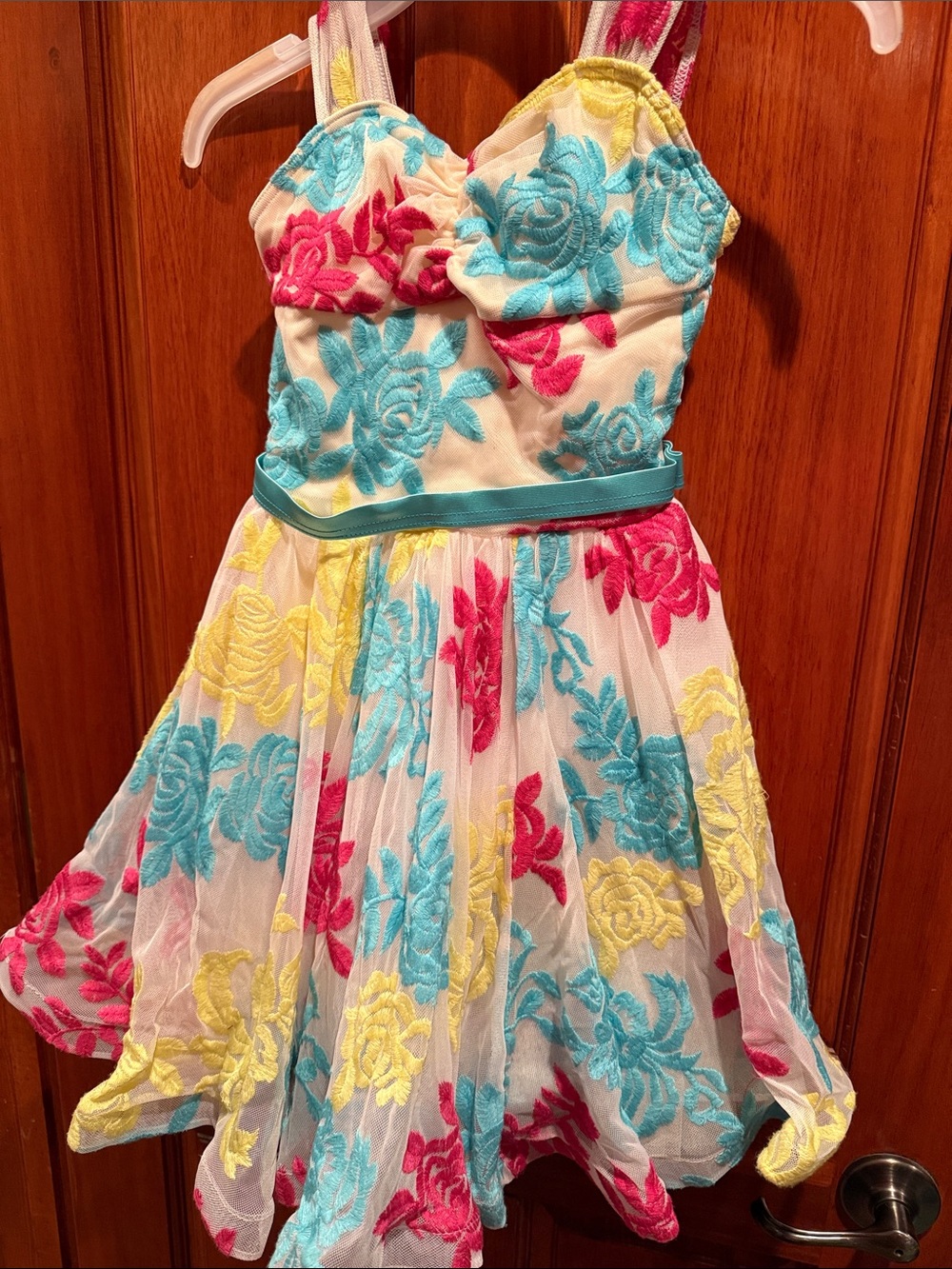 Weissman White Dress with Pink, Blue & Yellow Floral Embroidery